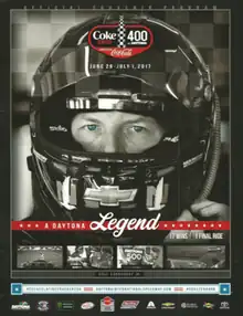 The 2017 Coke Zero 400 program cover, featuring a tribute to Dale Earnhardt Jr. "A Daytona Legend"