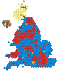 A map of the United Kingdom, with all constituencies given equal area. In Northern England, Labour hold the majority of Northern seats, the Conservatives hold some rural seats, and the Liberal Democrats hold a single seat, as does the Speaker.