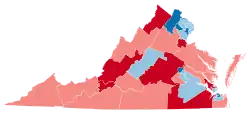 A map of Virginia showing the results of the 2023 Virginia Senate election, with Republican districts in red and Democratic districts in blue, with heavier shading showing which changed parties.