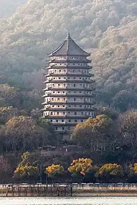 Thirteen storied octagonal tower, each story with a gracefully projecting roof.