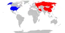 A world map with the United States in blue and China, Iran, North Korea, and Russia in red