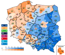 2024 Polish local elections to regional assemblies (constitutencies) PiS (blue), KO (orange)