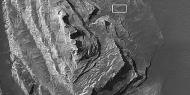 Enlargement of white butte, as seen by HiRISE under HiWish program Box shows size of a football field.