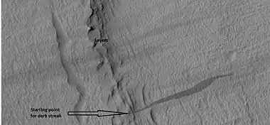 Close-up of some layers under cap rock of a pedestal crater and a dark slope streak, as seen by HiRISE under HiWish program