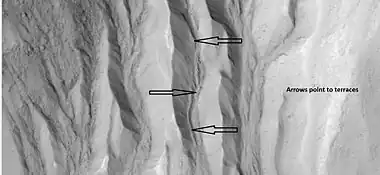 This enlargement of a small part of the previous image shows terraces along a gully channel.  The terraces were created when a new channel cut through the old surface.  This means that the gully was not in a single event.  Water must have flowed more than once in this location.