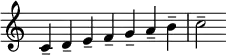  {
\override Score.TimeSignature #'stencil = ##f
\relative c' {
  \clef treble \key c \major \time 7/4
  c4-- d-- e-- f-- g-- a-- b-- c2--

}
}