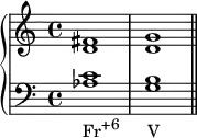 
    {
      \new PianoStaff <<
        \new Staff <<
            \relative c' {
                \clef treble \key c \major \time 4/4
                <d fis>1 <d g>
                }
            >>
        \new Staff <<
            \relative c' {
                \clef bass \key c \major \time 4/4
                <aes c>1_\markup { \concat { "Fr" \raise #1 \small "+6" \hspace #3.7 "V" } } 
                <g b> \bar "||"
                }
            >>
    >> }
