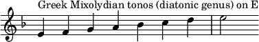  {
\key e \locrian
\override Score.TimeSignature #'stencil = ##f
\relative c' { 
  \clef treble \time 7/4
  e4^\markup { Greek Mixolydian tonos (diatonic genus) on E } f g a bes c d e2
} }
