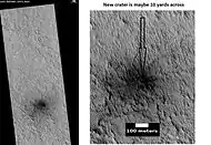 HiRISE images showing discovery of a new crater with HiWish program. A study of the dark areas around new craters like this revealed that dark patches fade by global atmospheric dust deposition and are more likely to occur at higher-latitude sites, lower-elevation sites, and at sites with smaller central craters.  Changing back to the surrounding albedo takes on average 15 martian years.