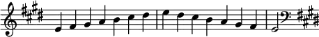  {
\omit Score.TimeSignature \relative c' {
  \key e \major \time 7/4 e fis gis a b cis dis e dis cis b a gis fis e2
  \clef F \key e \major
} }
