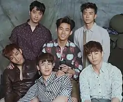 2PM in 2015  Clockwise from top to bottom: Chansung, Taecyeon, Wooyoung, Jun-K, Nichkhun, and Junho