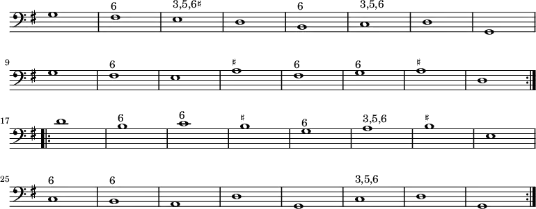 
\relative
{
  \key g \major
  \clef bass
  \omit Staff.TimeSignature
  \repeat volta 2 {
    g1 fis^"6" e^"3,5,6♯" d b^"6" c^"3,5,6" d g, \break
    g' fis^"6" e a^"♯" fis^"6" g^"6" a^"♯" d,
  } \break
  \repeat volta 2 {
    d' b^"6" c^"6" b^"♯" g^"6" a^"3,5,6" b^"♯" e, \break
    c^"6" b^"6" a d g, c^"3,5,6" d g,
  }
}
