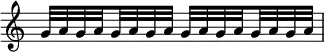  {
\override Score.TimeSignature #'stencil = ##f
    \relative c'' {
        \time 2/4
        g32[ a g \set stemRightBeamCount = #1 a \set stemLeftBeamCount = #1 g a g a]
        g32[ a g \set stemRightBeamCount = #1 a \set stemLeftBeamCount = #1 g a g a]
    }
}
