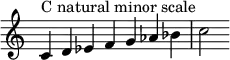  { 
\override Score.TimeSignature #'stencil = ##f
\relative c' { 
  \clef treble \time 7/4
  c4^\markup { C natural minor scale } d es f g aes bes c2
  }
}
