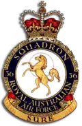 Crest of 36 Squadron, Royal Australian Air Force, featuring prancing horse in gold and the motto "Sure"