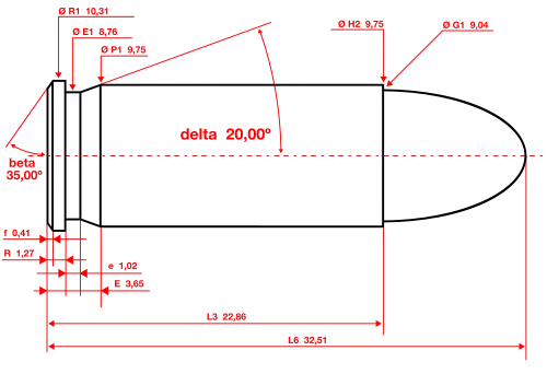 .38 Super maximum C.I.P. cartridge dimensions. All sizes in millimeters (mm).