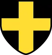 Resembling the flag of Saint David, a yellow cross on a black shield with a yellow border.