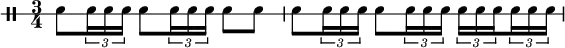 
  \new DrumStaff \with{
    \override StaffSymbol.line-count = #1
    drumStyleTable = #percussion-style
  }
  \drummode {
    \time 3/4 {
      \set Score.tempoHideNote = ##t \tempo 8 = 120
      \set subdivideBeams = ##t
      \set baseMoment = #(ly:make-moment 1/8)
      \set beatStructure = #'(2 2 2)
      snare8 \tuplet 3/2 {snare16 snare16 snare16} snare8 \tuplet 3/2 {snare16 snare16 snare16} snare8 snare8 |
      snare8 \tuplet 3/2 {snare16 snare16 snare16} snare8 \tuplet 3/2 {snare16 snare16 snare16} \tuplet 3/2 {snare16 snare16 snare16} \tuplet 3/2 {snare16 snare16 snare16}
    }
  }
