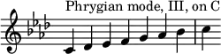 
{
\override Score.TimeSignature #'stencil = ##f
\key c \phrygian
\relative c' { 
  \clef treble 
  \time 7/4 c4^\markup { Phrygian mode, III, on C } des es f g aes bes c
} }
