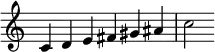 
{
\override Score.TimeSignature #'stencil = ##f
\relative c' {
  \clef treble
  \time 6/4 c4 d e fis gis ais c2
} }
