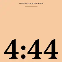 A peach-colored background with "4:44" in a large black typeface at the bottom and "THIS IS HIS 13TH STUDIO ALBUM" at the top much smaller