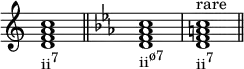 
{
\override Score.TimeSignature #'stencil = ##f
\relative c' {
   \clef treble
   \time 4/4
   \key c \major
   <d f a c>1_\markup { \concat { "ii" \raise #1 \small "7" } } \bar "||"

   \clef treble
   \time 4/4
   \key c \minor
   <d f aes c>1_\markup { \concat { "ii" \raise #1 \small "ø7" } }
   <d f a c>^\markup { "rare" }_\markup { \concat { "ii" \raise #1 \small "7" } } \bar "||"
} }
