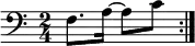 
{
    \relative c {
        \clef bass \time 2/4
        \repeat volta 2 { f8.[ a16]~ a8[ c] }
    }
}
