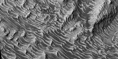 Enlargement of previous image of Danielson Crater, as seen by HiRISE under HiWish program.  The box represents the size of a football field.