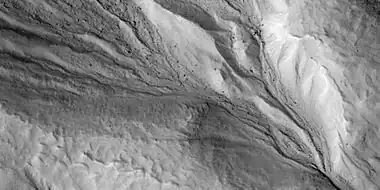 Close view of gully alcove, as seen by HiRISE under HiWish program.  Note this is an enlargement of a previous image.