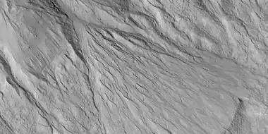 Close view of gully apron, as seen by HiRISE under HiWish program.  Note this is an enlargement of the previous image.