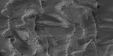 Layers breaking up into boulders in Galle crater, as seen by HiRISE under HiWish program