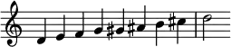 
{
\override Score.TimeSignature #'stencil = ##f
\relative c' {
  \clef treble \key c \major \time 8/4
  d4 e f g gis ais b cis d2
} }
