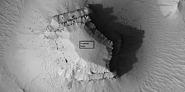 Close view of layered small mesa with dark slope streak, as seen by HiRISE under HiWish program.  Box shows the size of a football field.