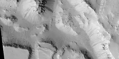 Layered mesas, as seen by HiRISE under HiWish program.  Dark slope streaks are also visible.