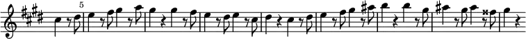 
\relative c'' \new Staff \with { \remove "Time_signature_engraver" } {
 \key cis \minor \time 2/2
 \set Score.tempoHideNote = ##t \tempo 2 = 132
 \set Staff.midiInstrument = "violin"
 \partial 2 cis4 r8 dis |
 \once \override Score.BarNumber #'break-visibility = ##(#f #t #t) \set Score.currentBarNumber = #5 \bar "|"
 e4 r8 fis gis4 r8 a |
 gis4 r gis r8 fis |
 e4 r8 dis e4 r8 cis |
 dis4 r cis r8 dis |
 e4 r8 fis gis4 r8 ais |
 b4 r b r8 gis |
 ais4 r8 gis ais4 r8 fisis |
 gis4 r
}
