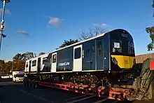 The first car of Class 484 leaves Wightlink's Fishbourne terminal in 2020. It will be taken to Ryde Traincare Depot for inspection and testing.