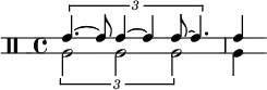 
<< \relative c' {
   \override Staff.StaffSymbol.line-positions = #'(-2 2)
   \clef percussion
   \time 4/4
   \tuplet 3/2 { e4.~ e8 e4~ e e8~ e4. } e4
} \\ \relative c' {
   \tuplet 3/2 { a2 a a } a4
}
>>
