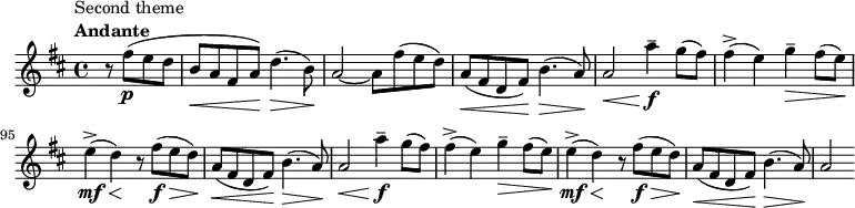 
    \relative c'' {
        \set Score.tempoHideNote = ##t \tempo 4 = 69
        \set Staff.midiInstrument = #"violin"
        \set Score.currentBarNumber = #90
        \key b \minor
        \time 4/4
        \bar ""
        \partial 2
        r8^\markup {  \translate #'(-4 . 0)
              \column {
                \line { Second theme }
                \line { \bold { Andante } }
            }
        } fis(\p e d \override DynamicLineSpanner.staff-padding = #2.5
        b(\< a fis a)\! d4.(\> b8)\!
        a2~ a8 fis'( e d) \override DynamicLineSpanner.staff-padding = #3
        a(\< fis d fis)\! b4.(\> a8)\! \override DynamicLineSpanner.staff-padding = #1
        a2\< a'4--\f g8( fis)
        fis4(-> e) g--\> fis8( e)\!
        e4(->\mf\< d)\! r8 fis(\f\> e d)\! \override DynamicLineSpanner.staff-padding = #2.5
        a(\< fis d fis)\! b4.(\> a8)\! \override DynamicLineSpanner.staff-padding = #1
        a2\< a'4--\f g8( fis)
        fis4(-> e) g--\> fis8( e)\!
        e4(->\mf\< d)\! r8 fis(\f\> e d)\! \override DynamicLineSpanner.staff-padding = #3
        a(\< fis d fis)\! b4.(\> a8)\!
        a2
}
