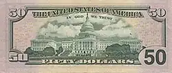 The west front of the Capitol depicted on the reverse of the current $50 bill