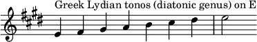  {
\key e \major
\override Score.TimeSignature #'stencil = ##f
\relative c' { 
  \clef treble \time 7/4
  e4^\markup { Greek Lydian tonos (diatonic genus) on E } fis gis a b cis dis e2
} }
