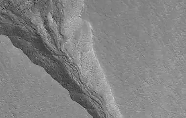 Close view of gully alcoves, as seen by HiRISE under HiWish program.  Polygons are visible.