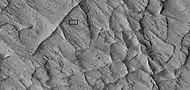 Close view of ridge network, as seen by HiRISE under HiWish program  Box shows size of football field.