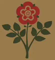 A stylised red rose on a green stem with leaves against a khaki background