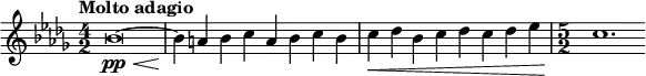  \relative c'' { \set Staff.midiInstrument = #"string ensemble 1" \clef treble \key bes \minor \time 4/2 \tempo "Molto adagio" bes\breve(~\pp\< | bes4\! a bes c a bes c bes | c\< des bes c des c des ees | \time 5/2 c1.\! } 