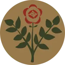 A stylised red rose on a green stem with leaves against a khaki background