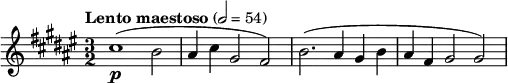  { \set Staff.midiInstrument = "french horn" \language "english" \transposition f \clef treble \key fs \major \time 3/2 \tempo "Lento maestoso" 2 = 54 \relative { cs''1\p( b2 as4 cs gs2 fs) b2.( as4 gs b as fs gs2 gs) } } 