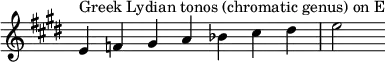  {
\key e \major
\override Score.TimeSignature #'stencil = ##f
\relative c' { 
  \clef treble \time 7/4
  e4^\markup { Greek Lydian tonos (chromatic genus) on E } f gis a bes cis dis e2
} }
