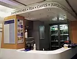 The interior of a refurbished GNER Mark IV RSM vehicle, showing the Cafe-Bar buffet counter