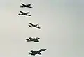 (2005) Five aircraft flying over Canberra for VJ day. Top to bottom: Curtiss P-40 Warhawk, Supermarine Spitfire, North American P-51 Mustang, Gloster Meteor and F-18 Hornet