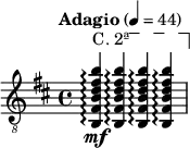 
\relative c \new Staff {
  \key b \minor \time 4/4 \clef "treble_8"
  \set Staff.midiInstrument = "acoustic guitar (nylon)"
  \tempo "Adagio" 4 = 44
  \override TextSpanner #'dash-fraction = #'()
  \override TextSpanner #'font-shape = #'upright
  \override TextSpanner #'(bound-details left text) = \markup { "C. 2ª" }
  \override TextSpanner #'(bound-details right text) = \markup { \draw-line #'(0 . -2) }
  \override TextSpanner #'(bound-details right padding) = #-3
  \override TextSpanner #'(bound-details left stencil-align-dir-y) = #0.8
  \stemUp
  <b fis' b d fis b>4\mf\arpeggio \startTextSpan q\arpeggio q\arpeggio q\arpeggio \stopTextSpan |
}
